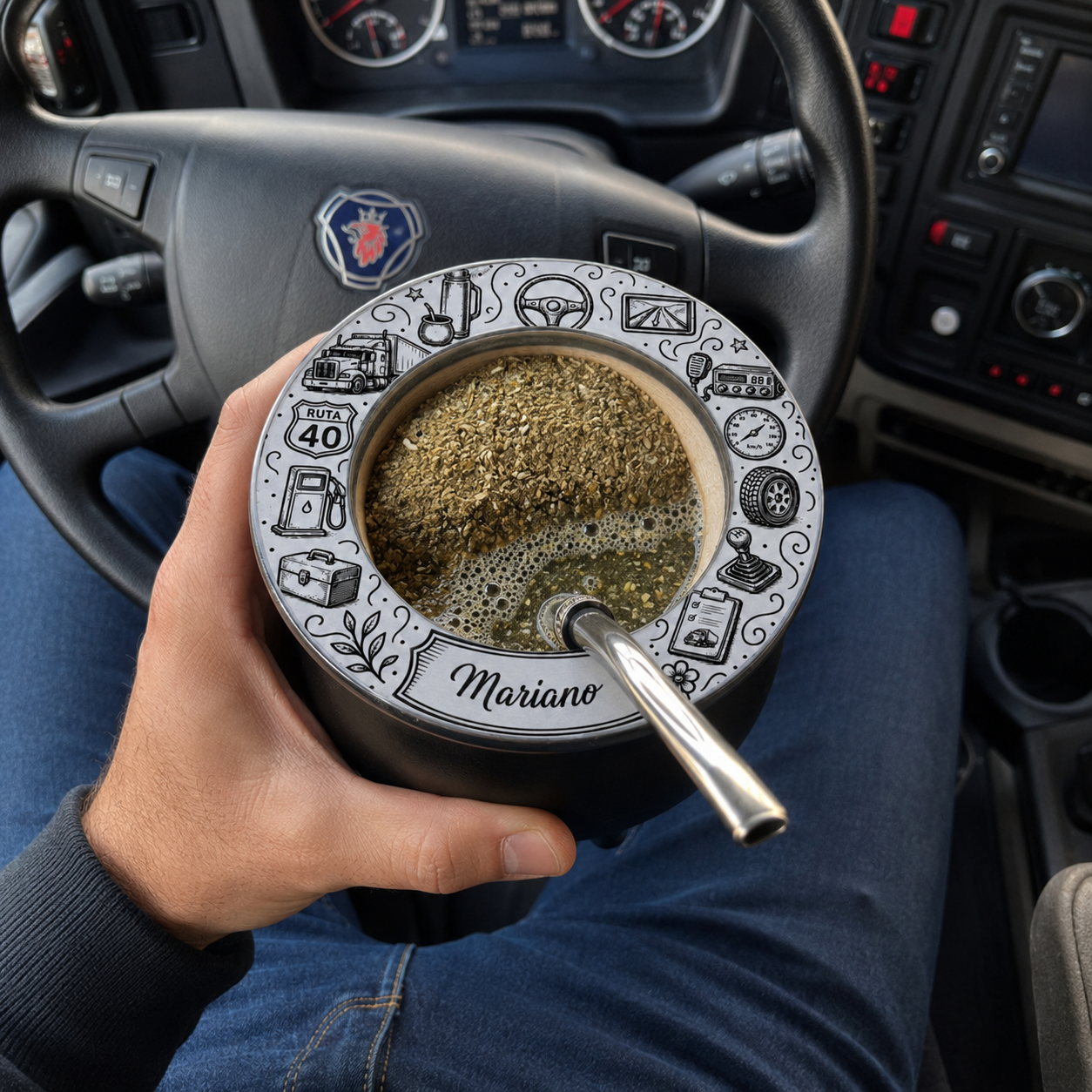 🚛Mate Diseño Camionero Personalizado con Nombre – Grabado Láser