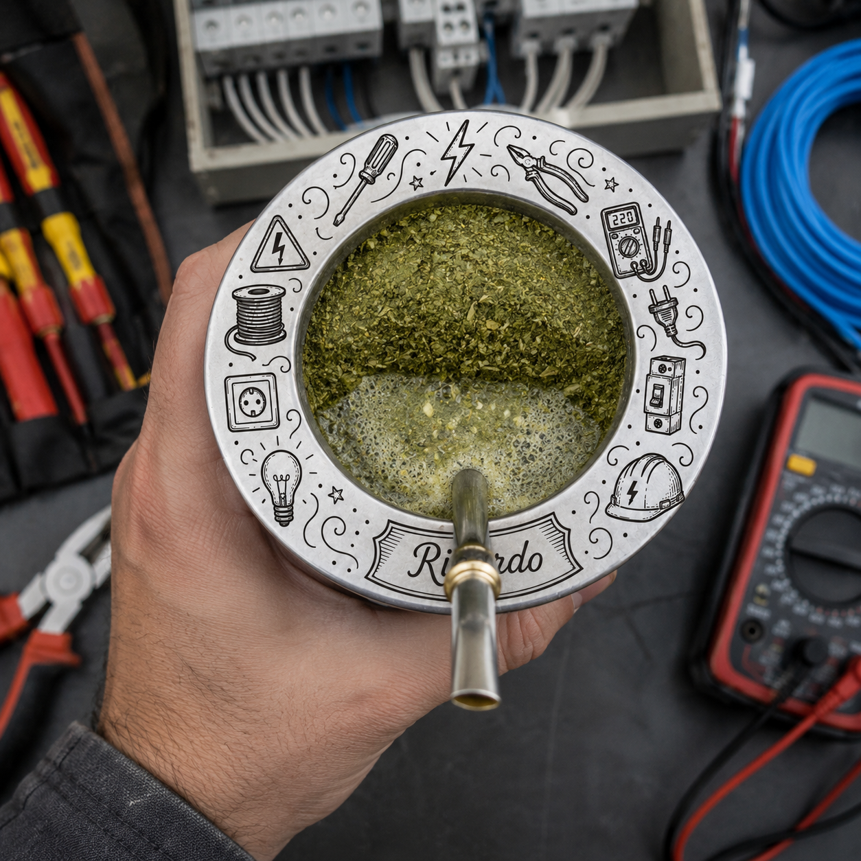 🧑🏭 Mate Diseño Electricista Personalizado con Nombre – Grabado Láser