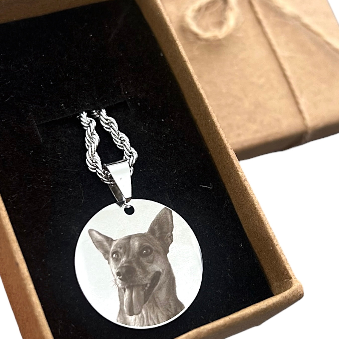 Collar con dije redondo de acero grabado con la foto de una mascota, en caja de regalo