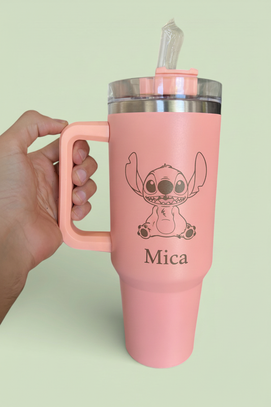 Termo rosa con Stitch grabado láser y nombre Mica